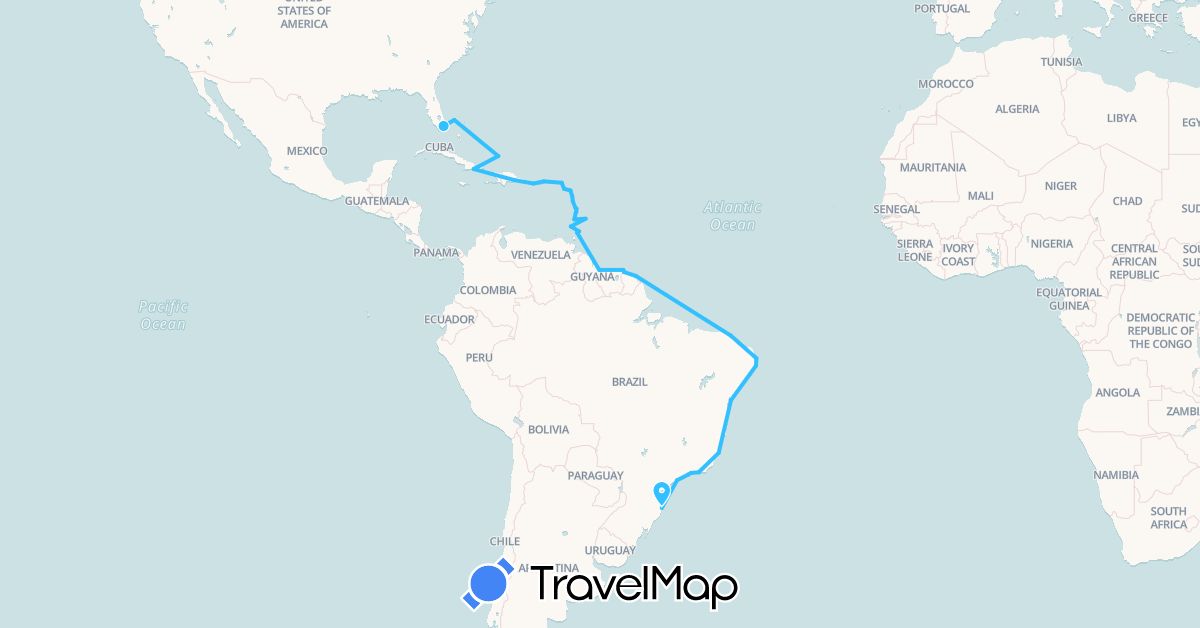TravelMap itinerary: driving, boat in Antigua and Barbuda, Barbados, Brazil, Bahamas, Cuba, Dominica, Dominican Republic, Grenada, French Guiana, Guadeloupe, Guyana, Saint Kitts and Nevis, Saint Lucia, Martinique, Puerto Rico, Suriname, Turks and Caicos Islands, Trinidad and Tobago, United States, Saint Vincent and the Grenadines (North America, South America)